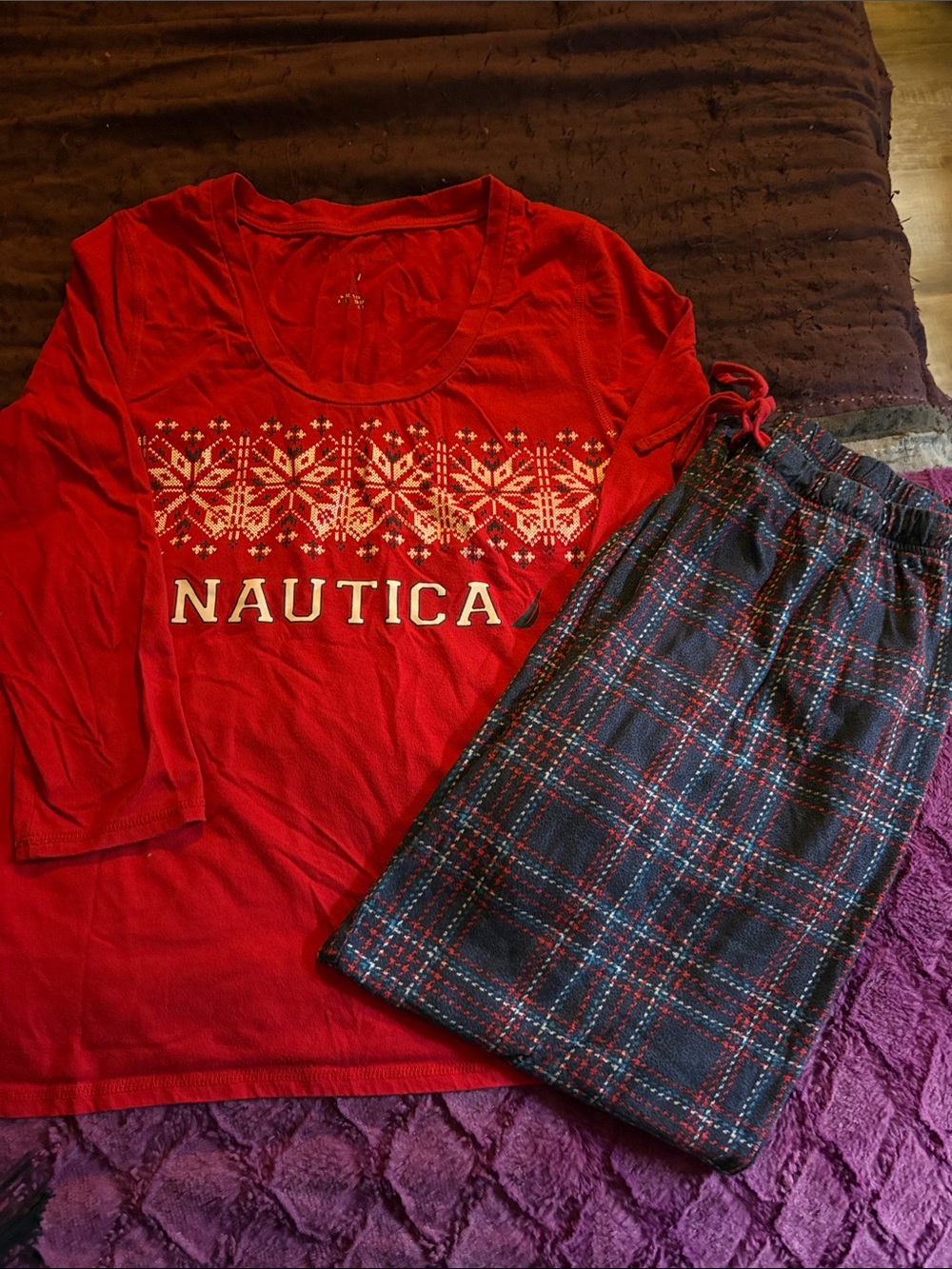 Nautica Red Long-Sleeve Holiday Pajama Top with Plaid Pants